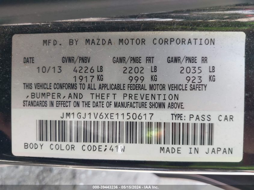 2014 Mazda Mazda6 I Touring VIN: JM1GJ1V6XE1150617 Lot: 39443236