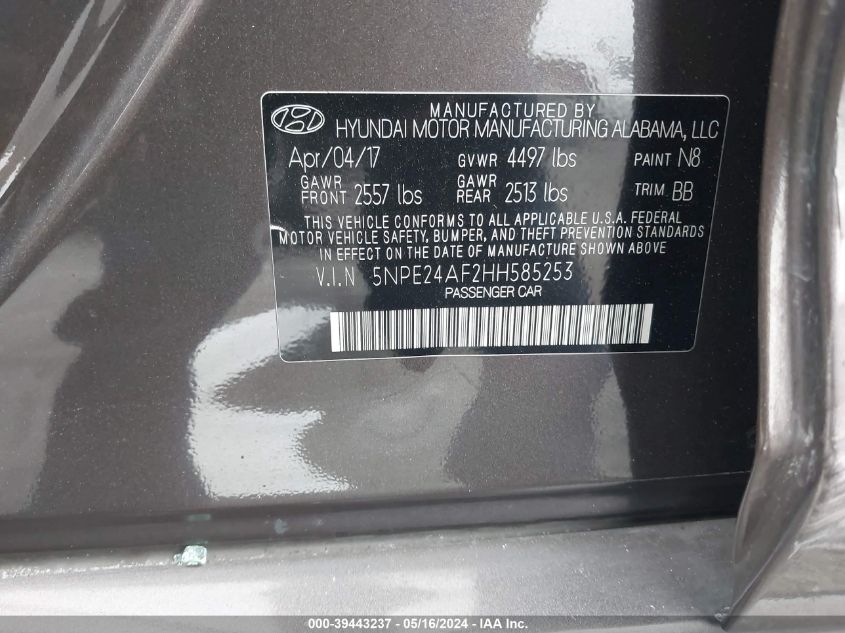 2017 Hyundai Sonata VIN: 5NPE24AF2HH585253 Lot: 39443237