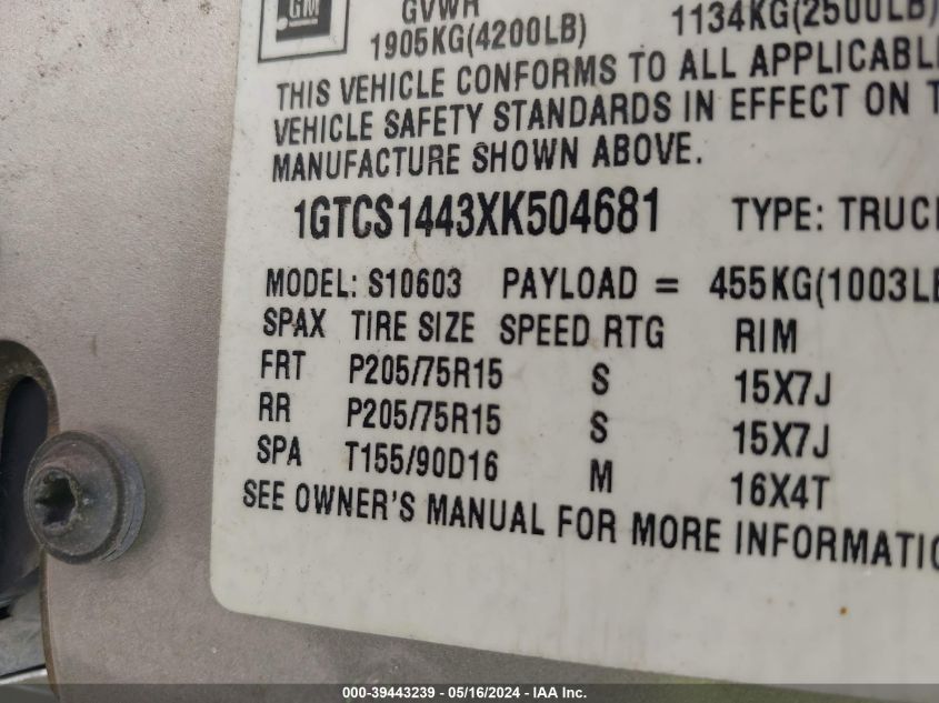 1999 GMC Sonoma Sls VIN: 1GTCS1443XK504681 Lot: 39443239