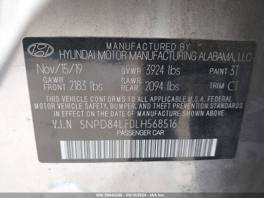 2020 Hyundai Elantra Sel VIN: 5NPD84LF0LH568516 Lot: 39443246