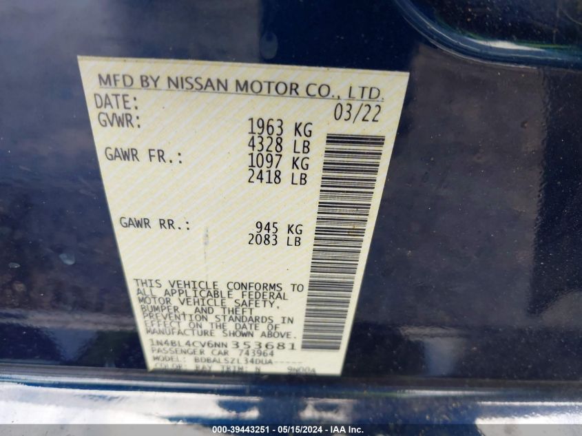 2022 Nissan Altima Sr Fwd VIN: 1N4BL4CV6NN353681 Lot: 39443251