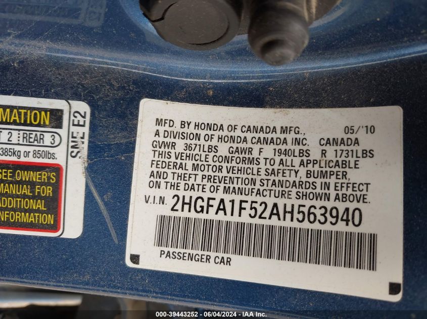 2010 Honda Civic Lx VIN: 2HGFA1F52AH563940 Lot: 39443252