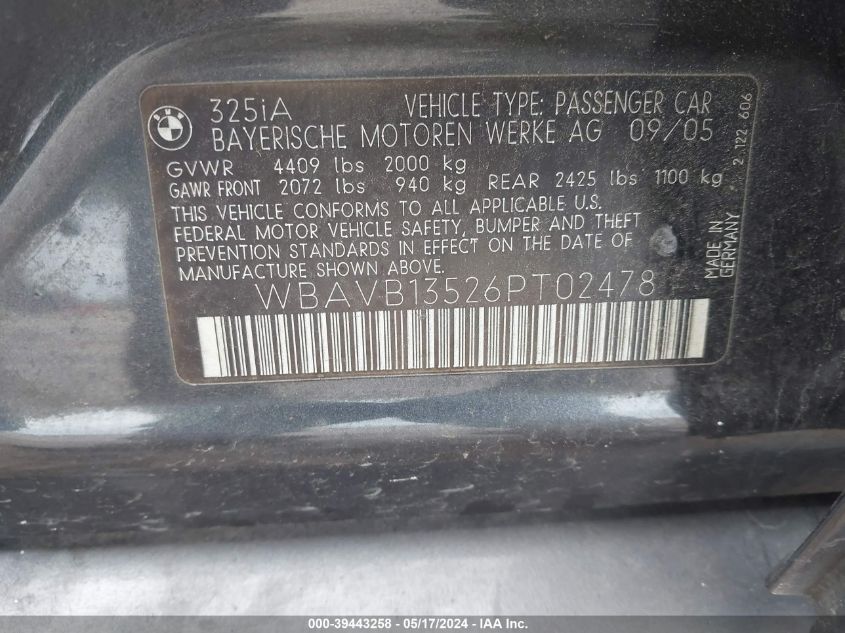 2006 BMW 325I VIN: WBAVB13526PT02478 Lot: 39443258