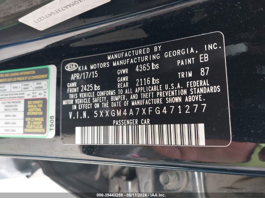 2015 Kia Optima Lx VIN: 5XXGM4A7XFG471277 Lot: 39443259