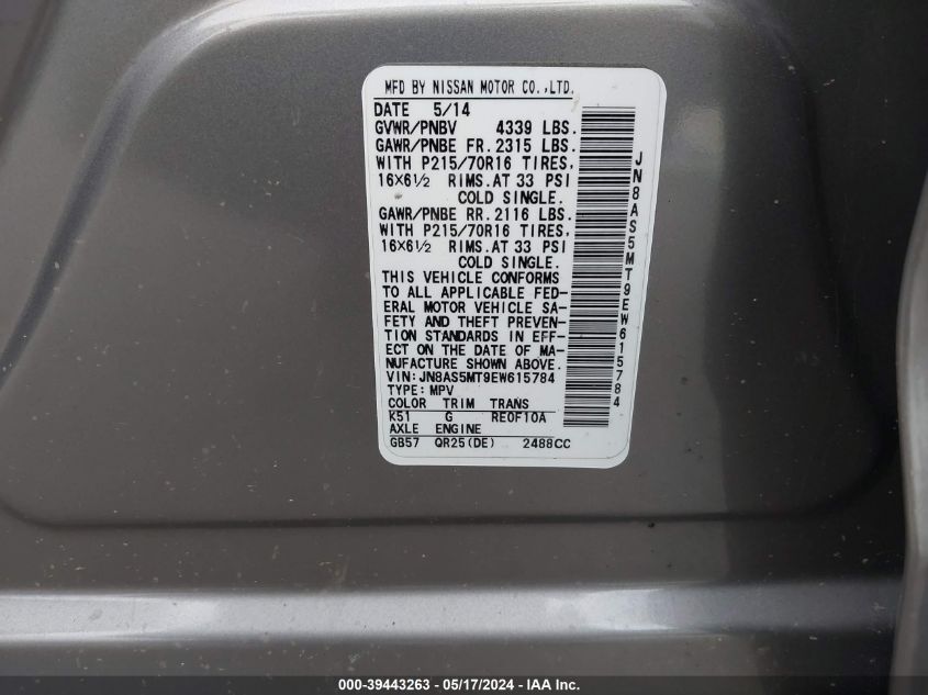 2014 Nissan Rogue Select S VIN: JN8AS5MT9EW615784 Lot: 39443263