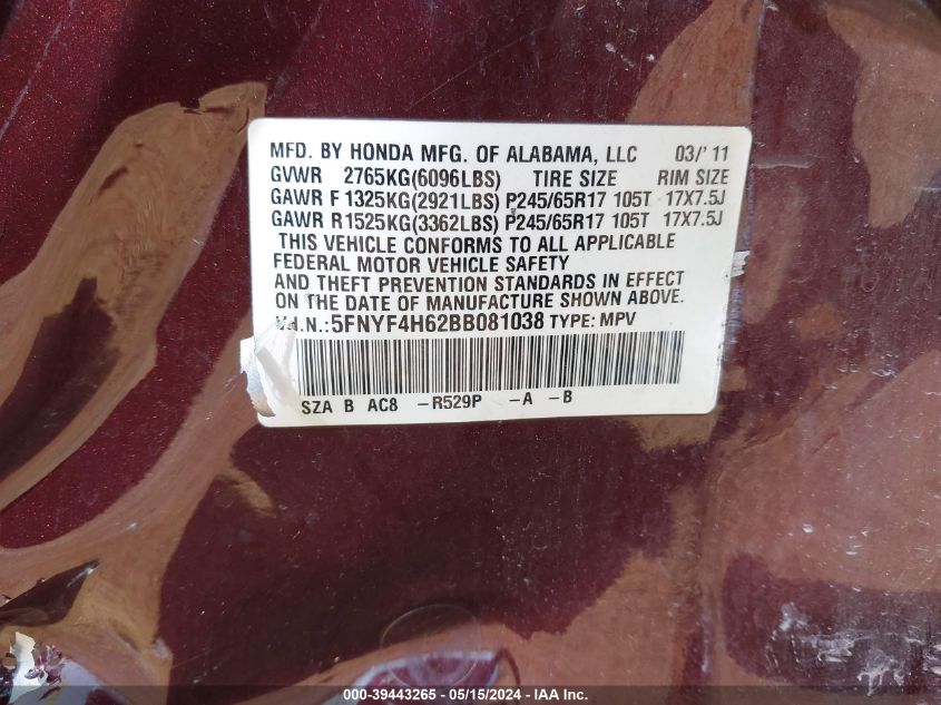 2011 Honda Pilot Ex-L VIN: 5FNYF4H62BB081038 Lot: 39443265