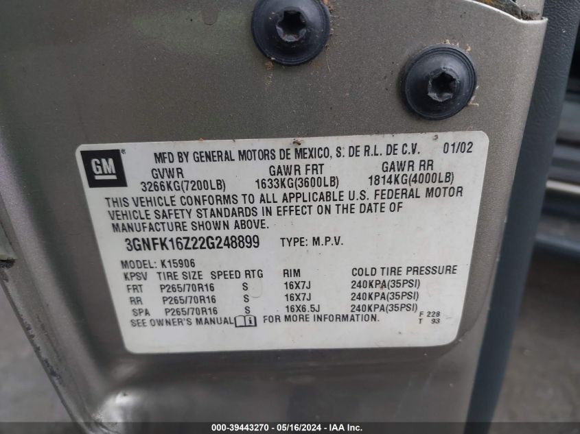 2002 Chevrolet Suburban 1500 Ls VIN: 3GNFK16Z22G248899 Lot: 39443270