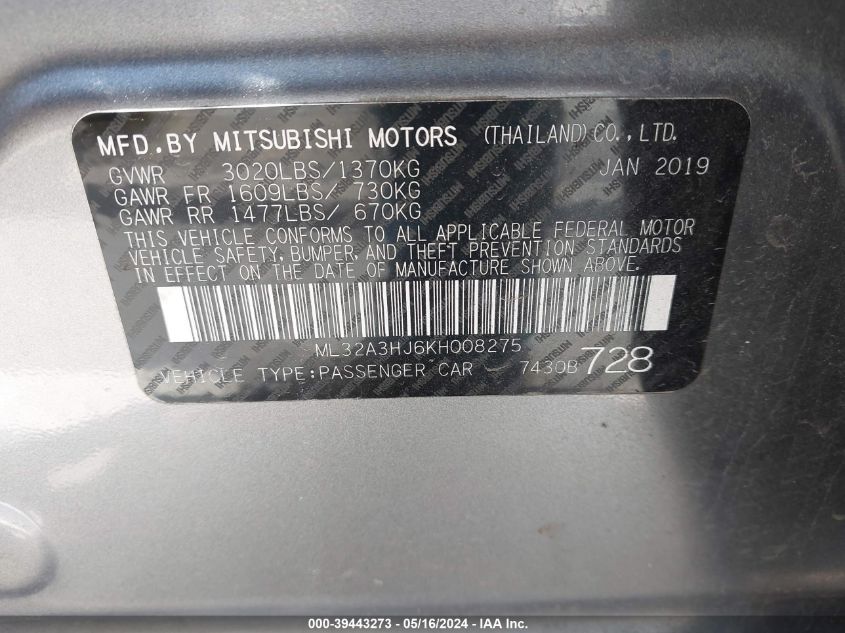 2019 Mitsubishi Mirage Rf VIN: ML32A3HJ6KH008275 Lot: 39443273