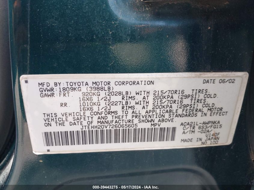 2002 Toyota Rav4 VIN: JTEHH20V726065605 Lot: 39443275