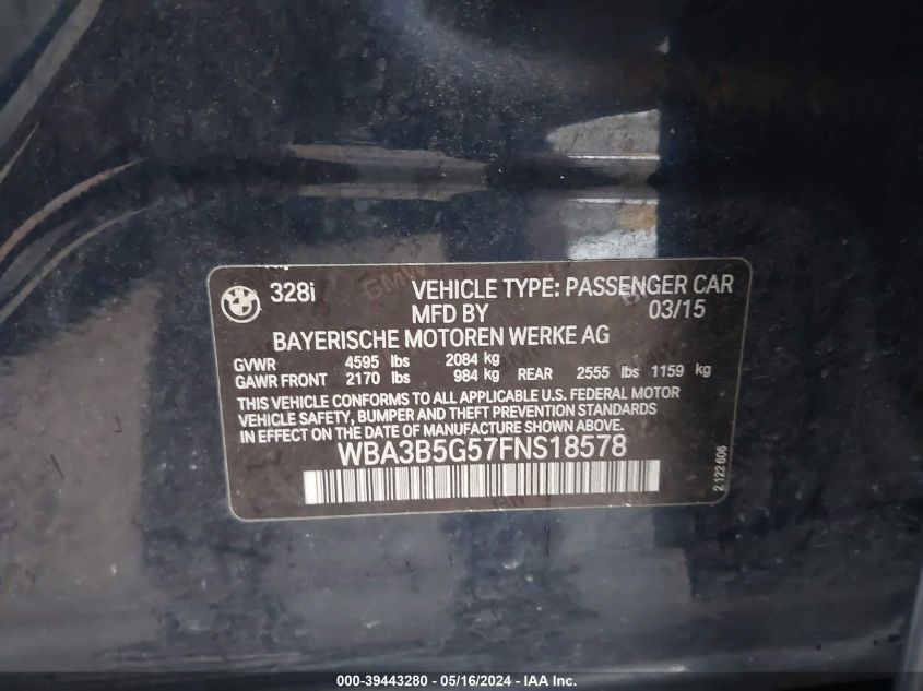 2015 BMW 328I xDrive VIN: WBA3B5G57FNS18578 Lot: 39443280