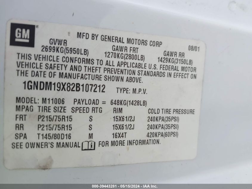 2002 Chevrolet Astro Ls VIN: 1GNDM19X82B107212 Lot: 39443281