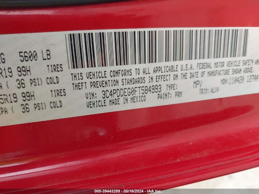 2015 Dodge Journey R/T VIN: 3C4PDDEG0FT584993 Lot: 39443289