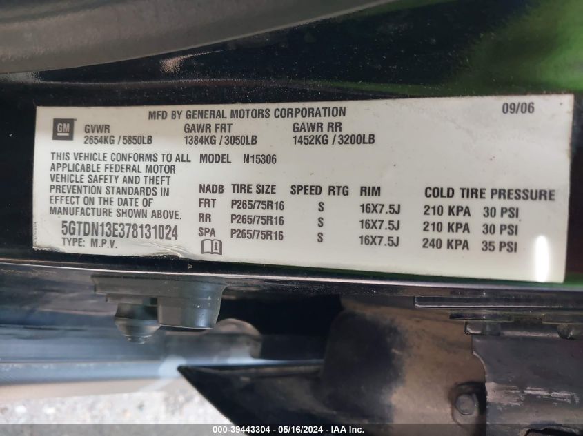 2007 Hummer H3 Suv VIN: 5GTDN13E378131024 Lot: 39443304