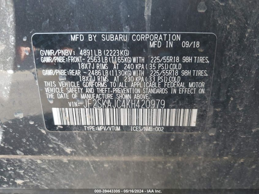 2019 Subaru Forester Sport VIN: JF2SKAJC4KH420979 Lot: 39443305