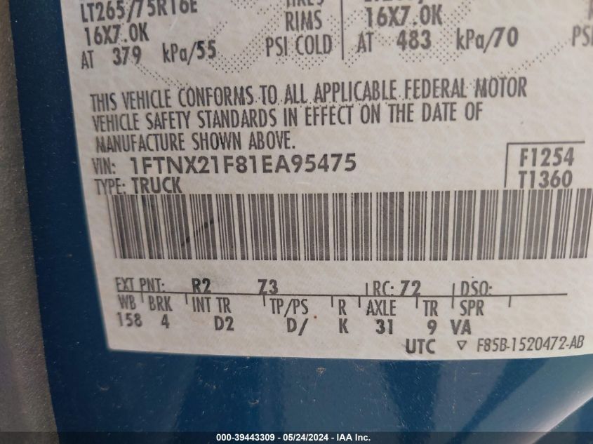 2001 Ford F-250 Lariat/Xl/Xlt VIN: 1FTNX21F81EA95475 Lot: 39443309