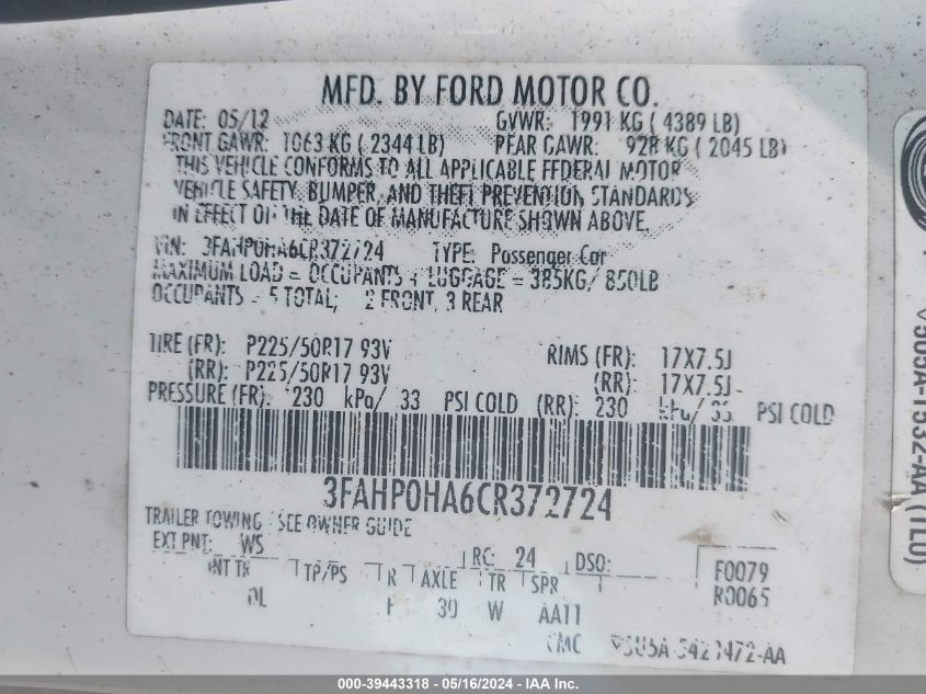 2012 Ford Fusion Se VIN: 3FAHP0HA6CR372724 Lot: 39443318