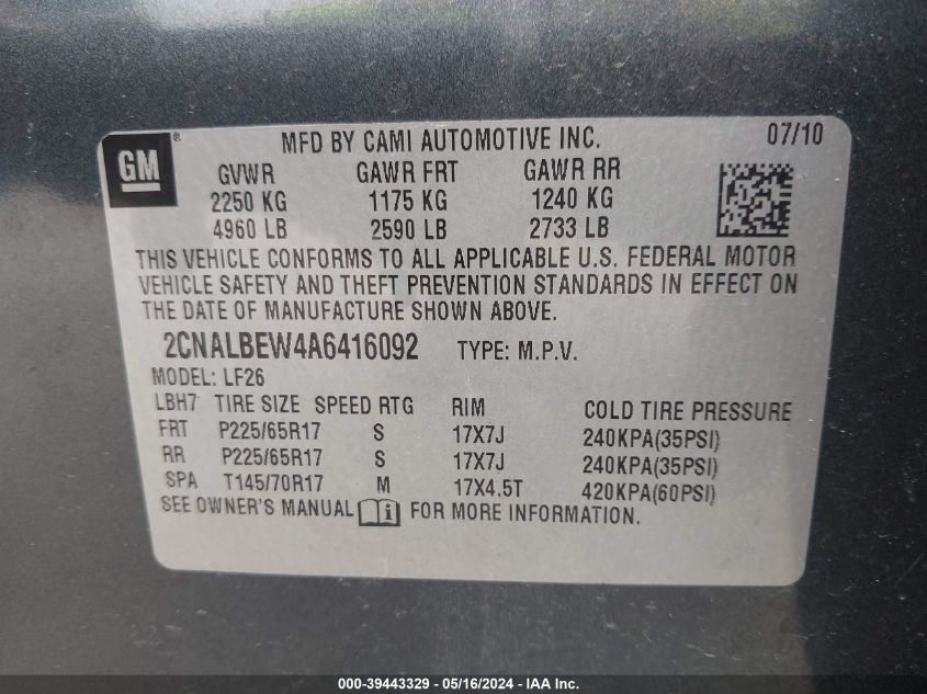 2010 Chevrolet Equinox Ls VIN: 2CNALBEW4A6416092 Lot: 39443329