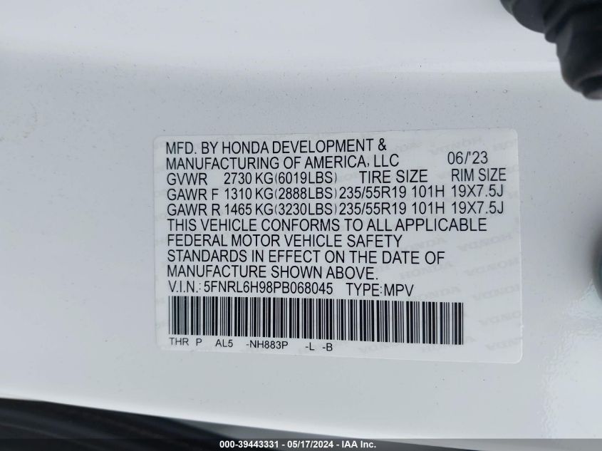 2023 Honda Odyssey Elite VIN: 5FNRL6H98PB068045 Lot: 39443331