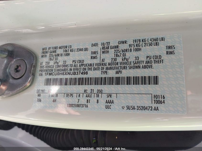 2022 Ford Escape Sel VIN: 1FMCU0H6XNUB37498 Lot: 39443345