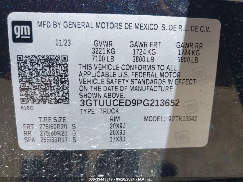 2023 GMC Sierra 1500 Elevation VIN: 3GTUUCED9PG213652 Lot: 39443349