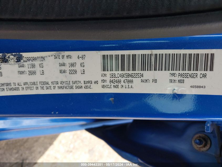 2008 Dodge Avenger Se VIN: 1B3LC46K58N622534 Lot: 39443351