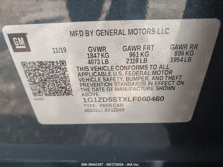 2020 Chevrolet Malibu Fwd Lt VIN: 1G1ZD5STXLF060460 Lot: 39443357