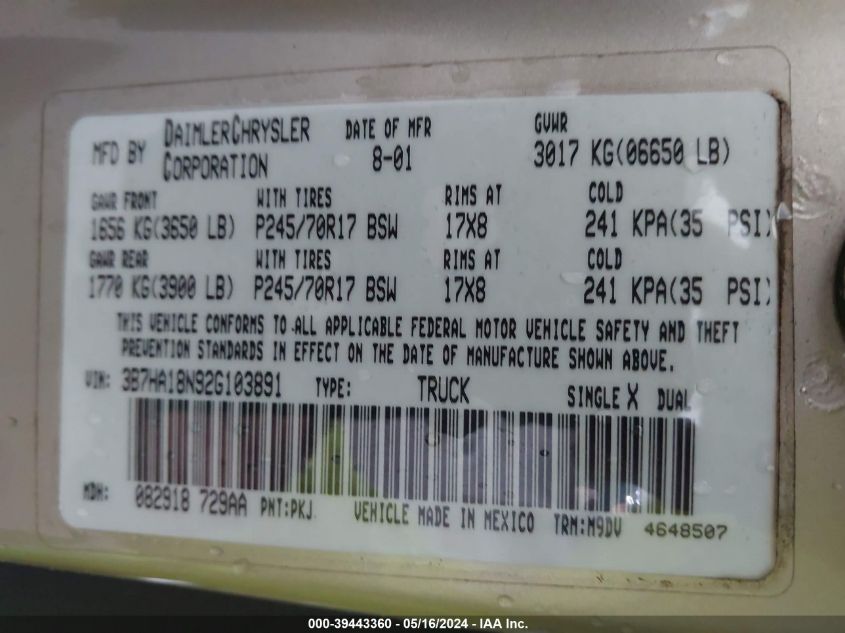 2002 Dodge Ram 1500 VIN: 3B7HA18N92G103891 Lot: 39443360