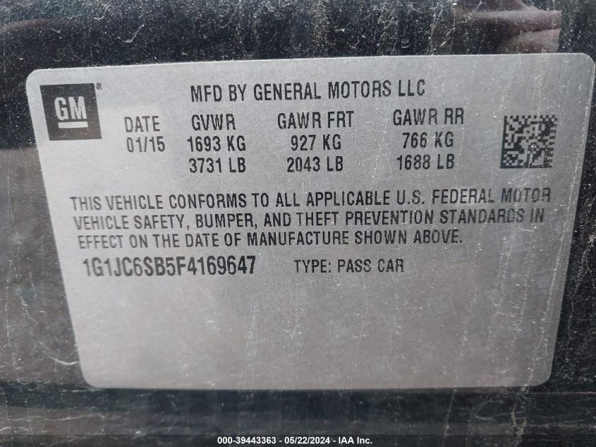 2015 Chevrolet Sonic Lt Auto VIN: 1G1JC6SB5F4169647 Lot: 39443363