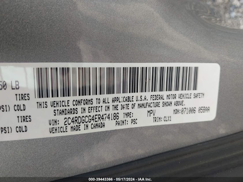 2014 Dodge Grand Caravan Sxt VIN: 2C4RDGCG4ER474186 Lot: 39443366