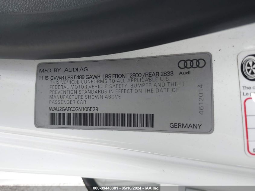 2016 Audi A7 3.0T Premium Plus VIN: WAU2GAFC0GN105529 Lot: 39443381