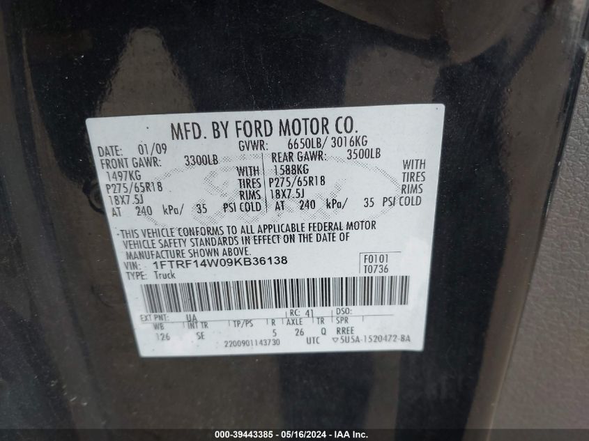 2009 Ford F-150 Stx/Xl/Xlt VIN: 1FTRF14W09KB36138 Lot: 39443385