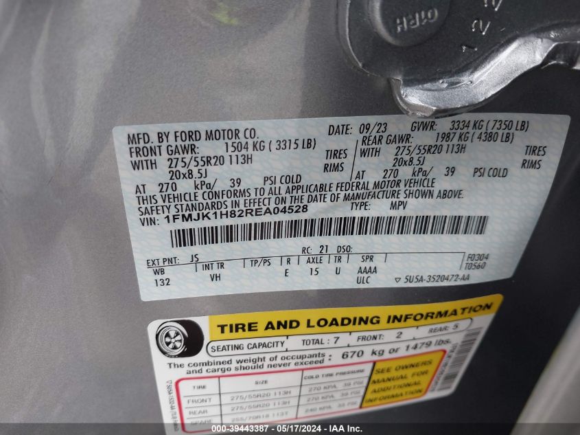 2024 Ford Expedition Xlt Max VIN: 1FMJK1H82REA04528 Lot: 39443387