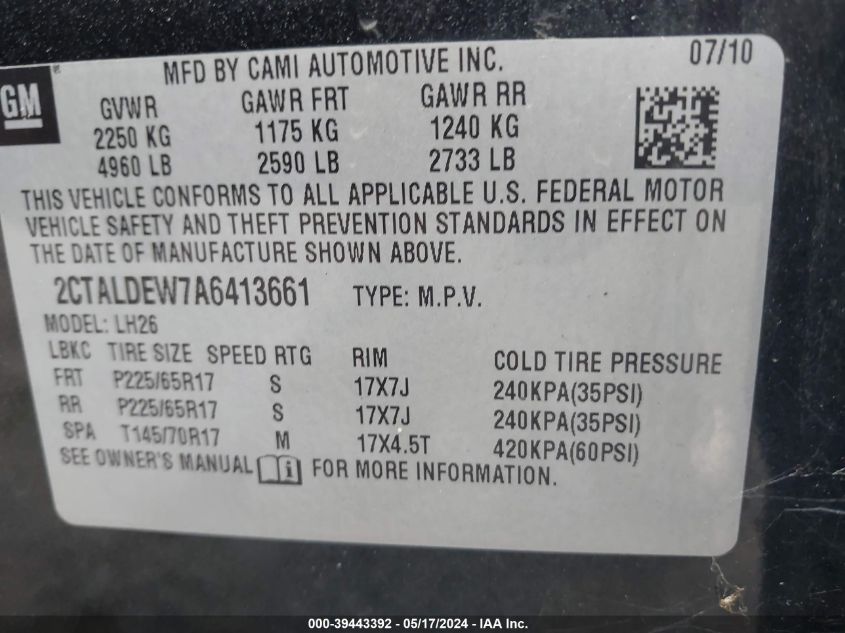 2010 GMC Terrain Sle-2 VIN: 2CTALDEW7A6413661 Lot: 39443392