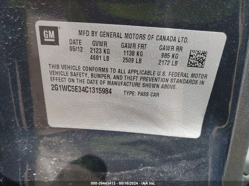 2012 Chevrolet Impala Ltz VIN: 2G1WC5E34C1315984 Lot: 39443413