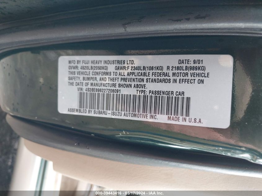 2002 Subaru Outback H6-3.0/H6-3.0 Vdc VIN: 4S3BE896227206091 Lot: 39443416