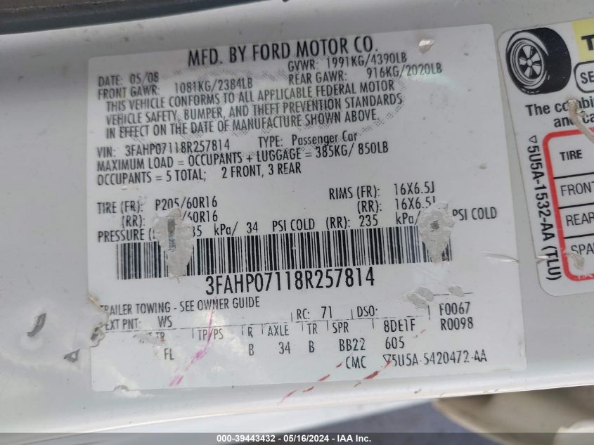 2008 Ford Fusion Se VIN: 3FAHP07118R257814 Lot: 39443432