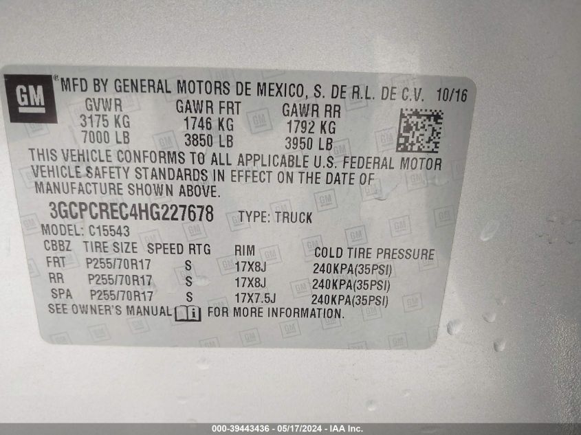 2017 Chevrolet Silverado 1500 1Lt VIN: 3GCPCREC4HG227678 Lot: 39443436