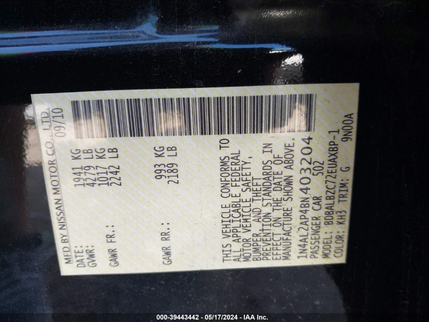 2011 Nissan Altima 2.5 S VIN: 1N4AL2AP4BN403204 Lot: 39443442