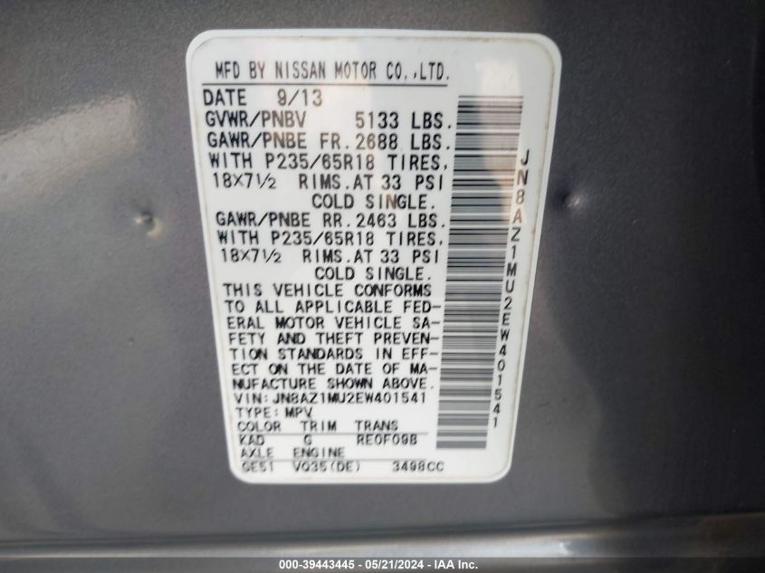 2014 Nissan Murano Sl VIN: JN8AZ1MU2EW401541 Lot: 39443445