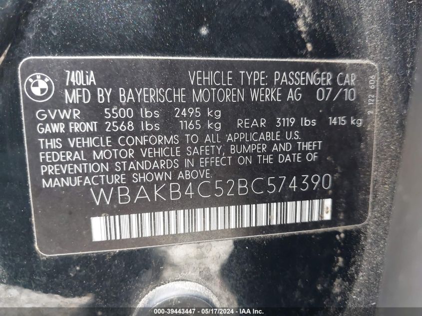 2011 BMW 740Li VIN: WBAKB4C52BC574390 Lot: 39443447