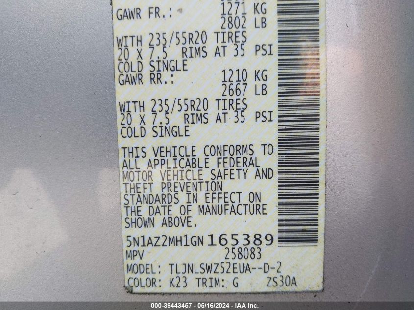 2016 Nissan Murano Platinum VIN: 5N1AZ2MH1GN165389 Lot: 39443457