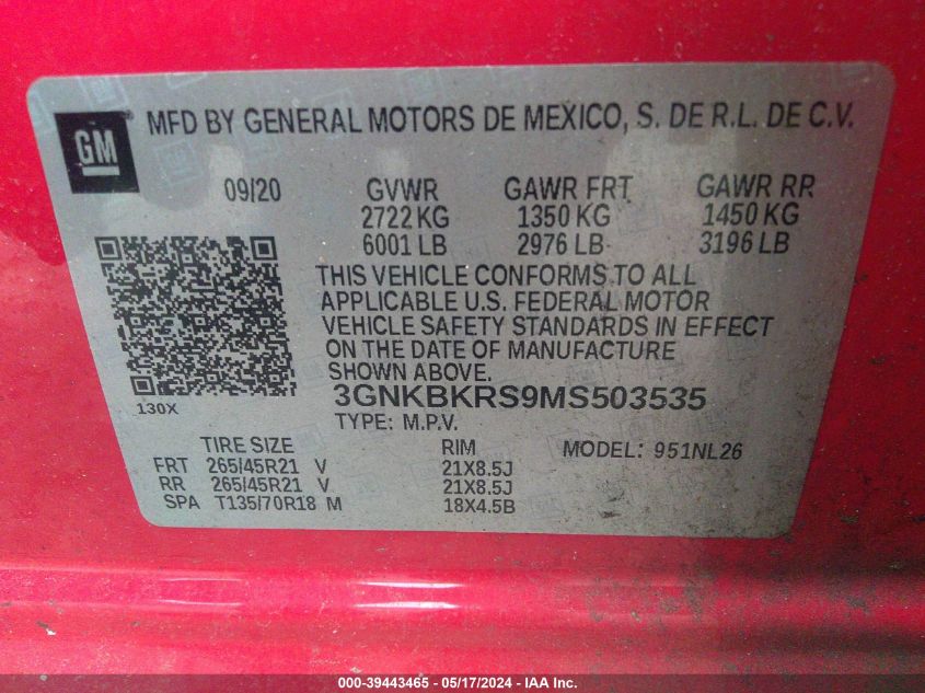 2021 CHEVROLET BLAZER RS - 3GNKBKRS9MS503535