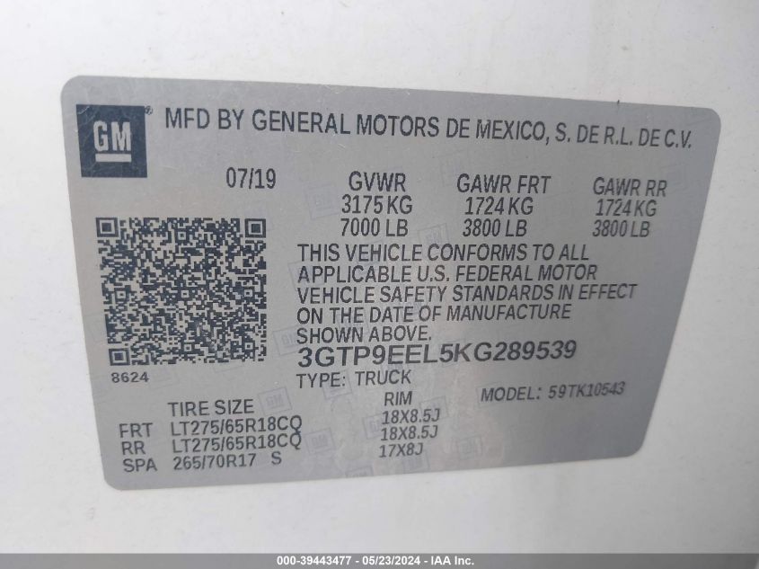 2019 GMC Sierra 1500 At4 VIN: 3GTP9EEL5KG289539 Lot: 39443477