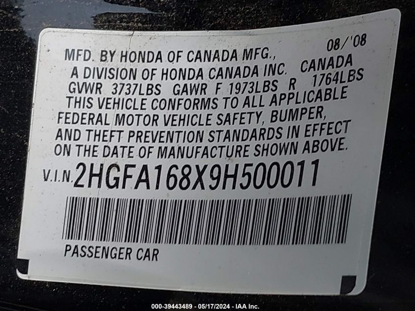 2009 Honda Civic Ex VIN: 2HGFA168X9H500011 Lot: 39443489