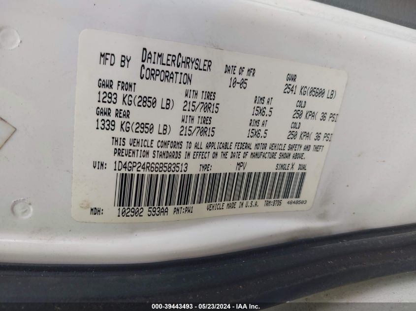 2006 Dodge Grand Caravan Se VIN: 1D4GP24R66B583513 Lot: 39443493