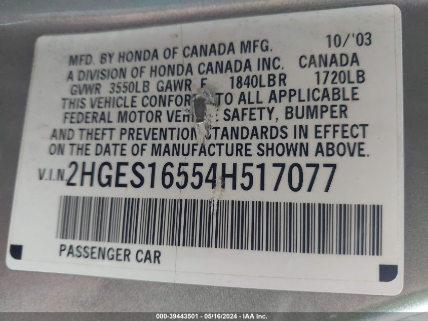 2004 Honda Civic Lx VIN: 2HGES16554H517077 Lot: 39443501