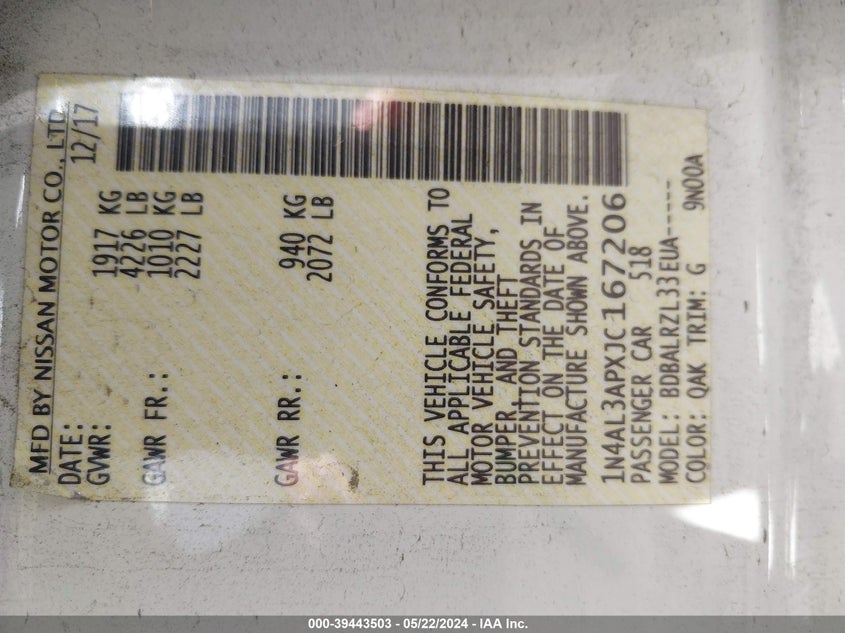 2018 Nissan Altima 2.5 Sl VIN: 1N4AL3APXJC167206 Lot: 39443503