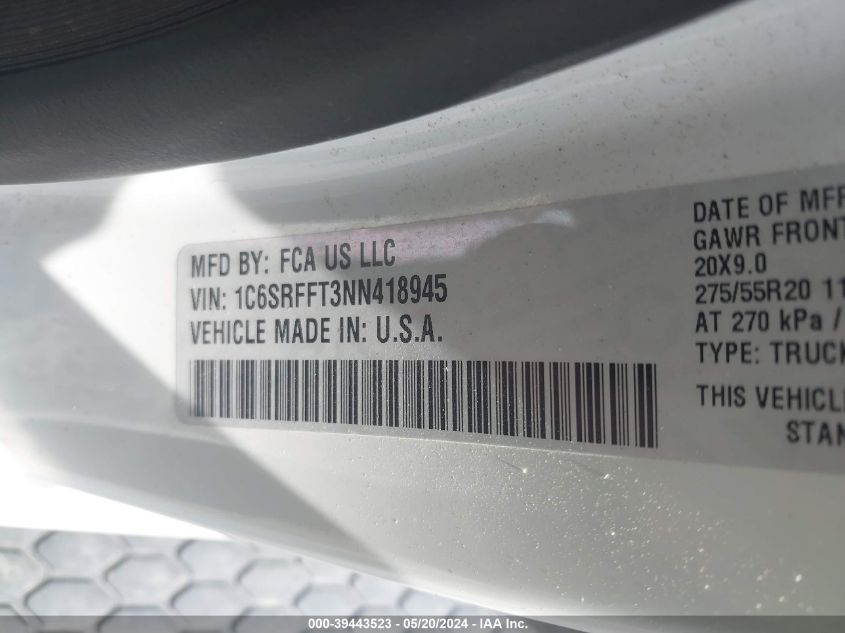 2022 Ram 1500 Big Horn 4X4 5'7 Box VIN: 1C6SRFFT3NN418945 Lot: 39443523