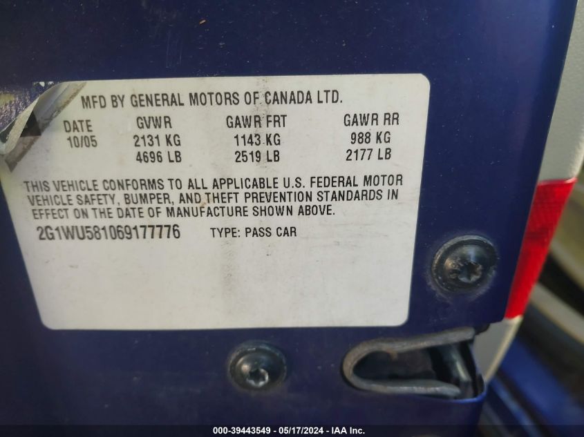 2006 Chevrolet Impala Ltz VIN: 2G1WU581069177776 Lot: 39443549
