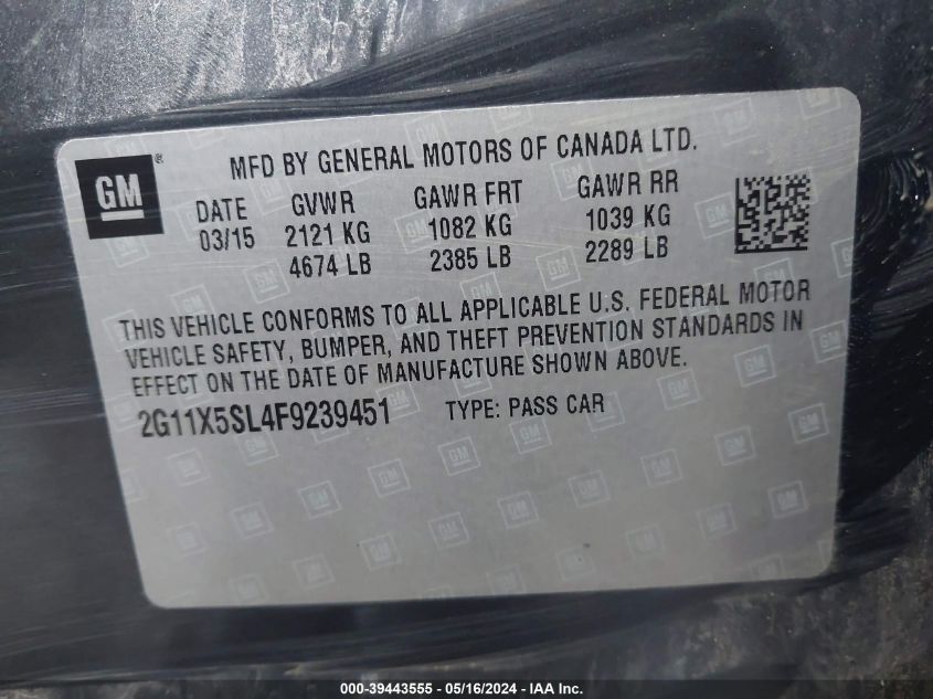 2015 Chevrolet Impala 1Fl VIN: 2G11X5SL4F9239451 Lot: 39443555